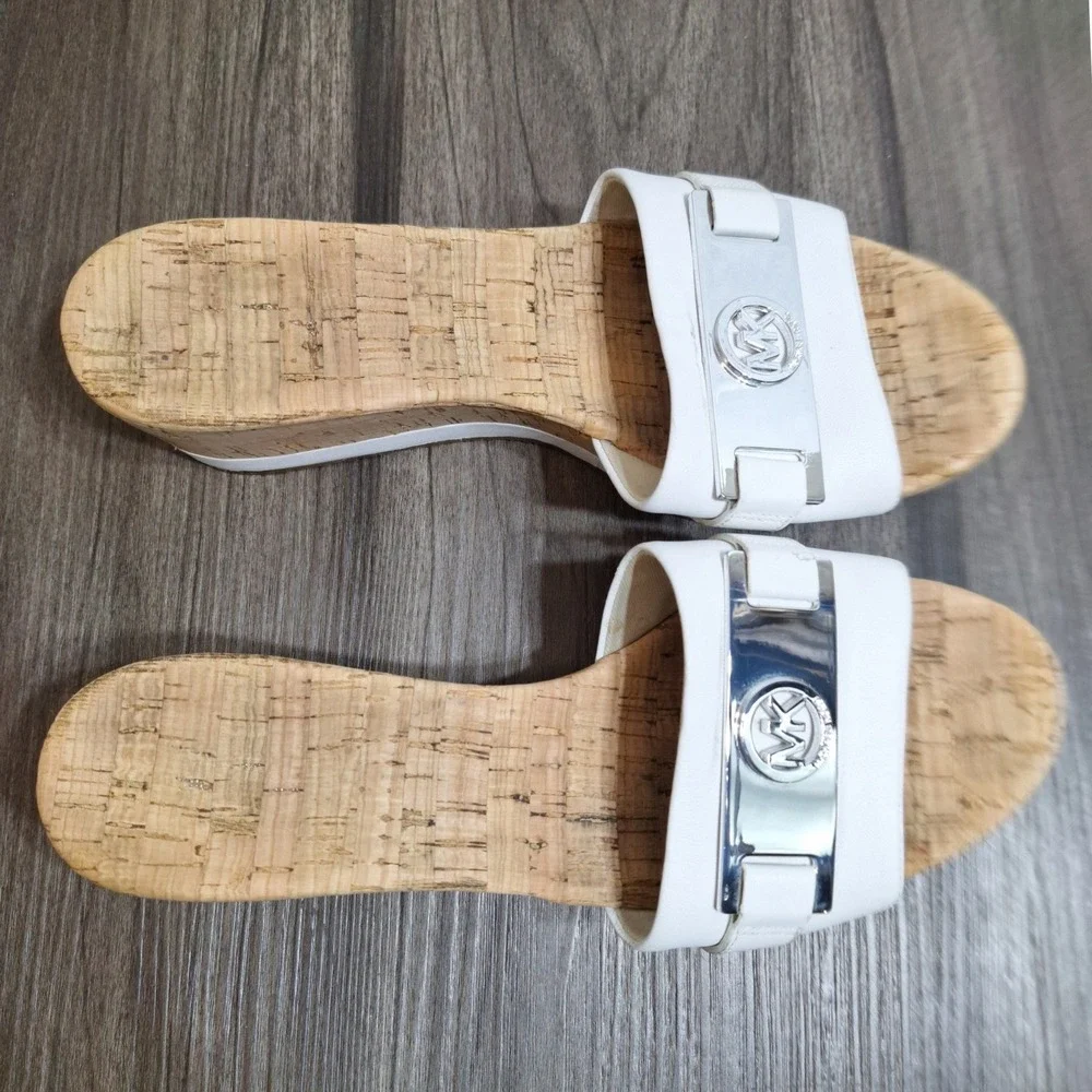 Michael Kors White Leather Cork Platform Wedge Slide Sandals Silver MK Logo 9M
